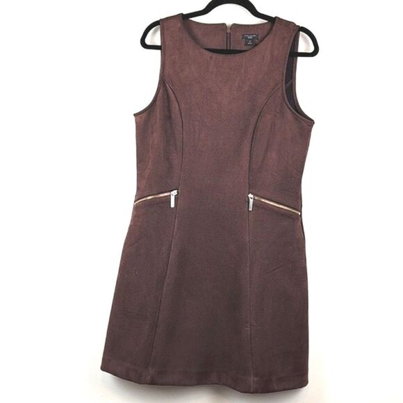 Ann Taylor Faux Suede Brown Sleeveless Dress Gold Zipper Pockets Size 14P - Picture 2 of 10